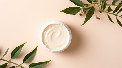 Cream Jar on Table Next to Plant, Natural Skincare Solution for Everyday Use