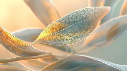 Extreme close-up of a sunlit olive leaf, its graceful form dancing with frosty textures: a Mediterranean ballet of hot and cold. - obrazy, fototapety, plakaty
