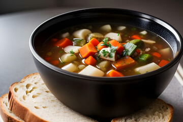 A steaming bowl of hearty vegetable soup with crusty bread