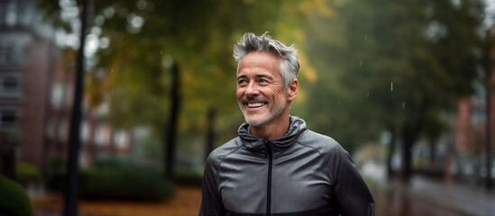Portrait of smiling senior man in sportswear standing in park.   Sport and healthy lifestyle concept. Generative AI
