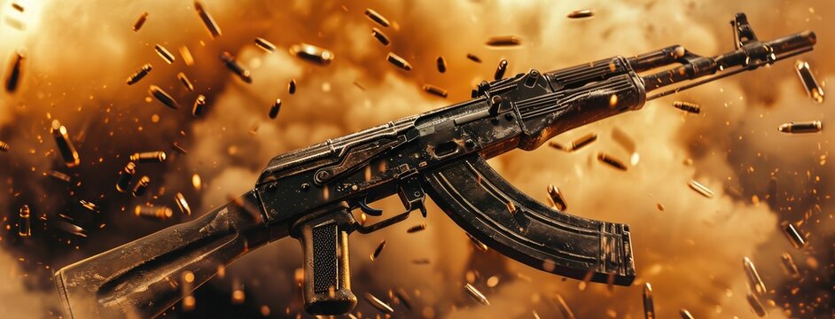 A firearm positioned on a dark background, captured in a studio setting with dramatic and intense lighting.