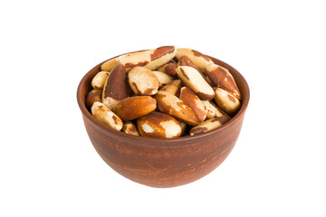 Roasted Brazil nut in bowl isolated on white background. Brazil nut is snack or raw of cook. Healthy food concept