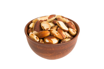 Roasted Brazil nut in bowl isolated on white background. Brazil nut is snack or raw of cook. Healthy food concept