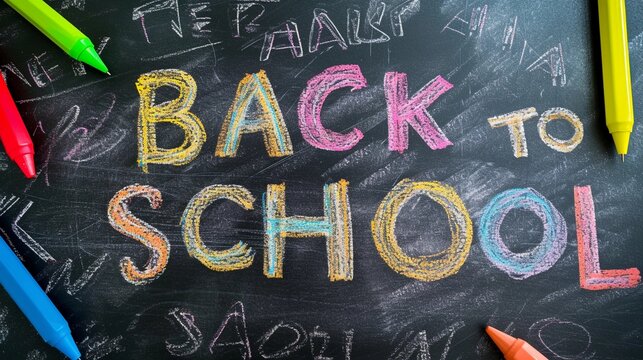Photo of the text "Back To School" written using colorful chalk on a classroom blackboard, generative AI
