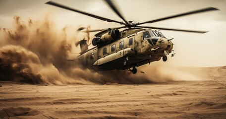 A military helicopter maneuvers over the combat zone, showcasing its presence in the midst of action.