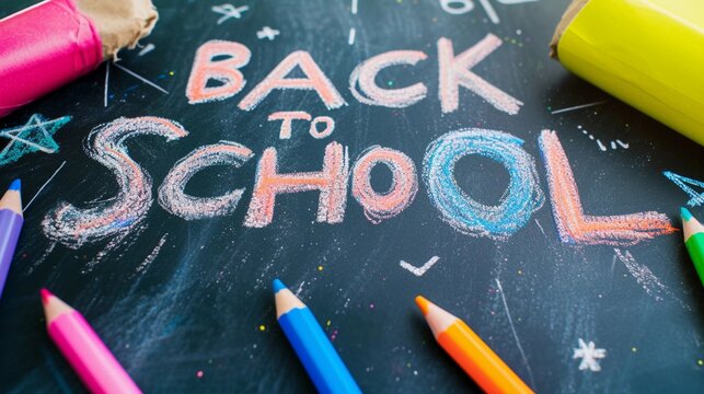 Photo of the text "Back To School" written using colorful chalk on a classroom blackboard, generative AI