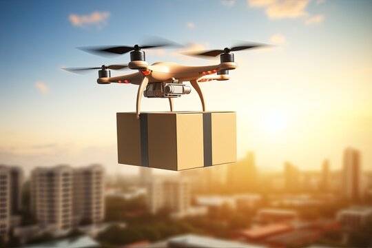 Future infrastructure remote piloting drone delivery boxes, inventory logistics. Parcel pickups network delivery supply chain, artificial intelligence. Advanced technologies logistics transportation.