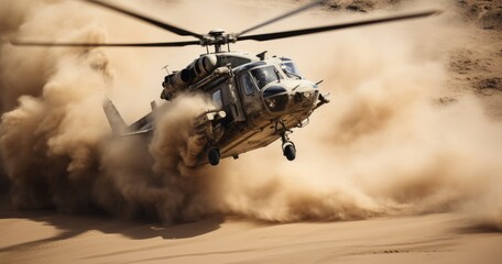 A military helicopter maneuvers over the combat zone, showcasing its presence in the midst of action.