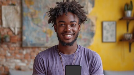 Explore a lifestyle moment as a smiling young man, donned in a purple t-shirt, proudly exhibits a smartphone with a big blank screen and gives a thumbs-up on a plain yellow background. - obrazy, fototapety, plakaty