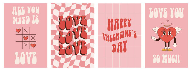 Set groovy Happy Valentines Day cards, posters. Love concept in pink, red colors. Trendy vector illustration in retro 60s 70s style