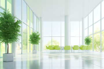 Modern office interior with green plants, panoramic windows and sunlight.