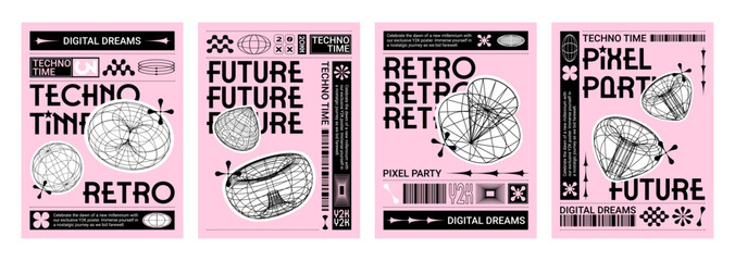 Y2k style techno banners set. Vector realistic illustration of retrowave aesthetic posters with black, white wireframe torus, cone, text on pink background, retro futuristic vibe announcement flyers