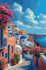 Fototapeta premium Blossoming Beauty of Santorini, Whitewashed Charm Meets the Aegean Blue