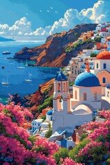 Blossoming Beauty of Santorini, Whitewashed Charm Meets the Aegean Blue - obrazy, fototapety, plakaty