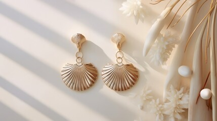 Gold Seashell Earrings on White Background