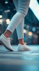 Naklejka premium Close-up portrait of a woman's feet walking wearing casual shoes, generative AI