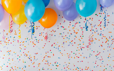 Celebratory Hues, Vibrant Balloons And Confetti Against A White Backdrop