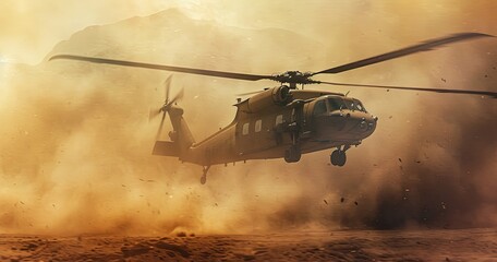 In the heart of battle, a military helicopter hovers over the combat zone, ready for strategic engagement.