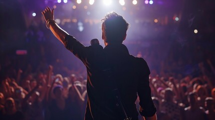Back view portrait of a male singer in action raising his hand on stage facing a cheering audience, generative AI - obrazy, fototapety, plakaty