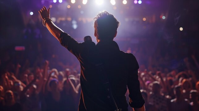 Back view portrait of a male singer in action raising his hand on stage facing a cheering audience, generative AI