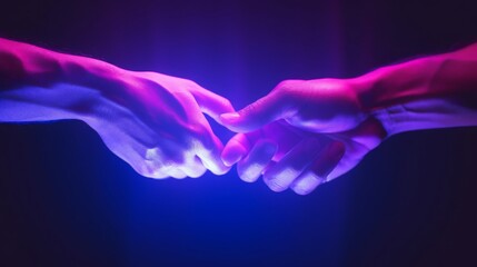 Two Hands Touching Each Other in Front of a Purple and Blue Background