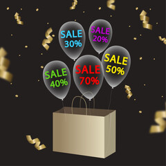 shopping paper bag with baloons flying out of this bag. Sales offer