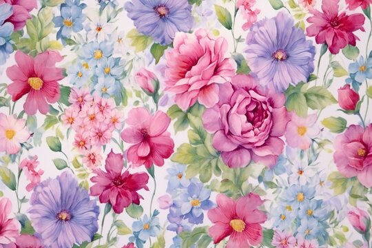 Beautiful floral pattern on fabric background, Watercolor painting on canvas