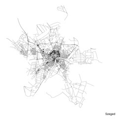 Szeged city map with roads and streets, Hungary. Vector outline illustration.