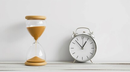 Close-up portrait of hourglass and wall clock next to it against white background, generative AI