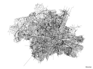 Munich city map with roads and streets, Germany. Black and white. Vector outline illustration.