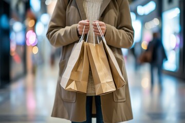 Unrecognizable woman in casual attire, hands filled with paper bags, in a well-lit shopping mall generative ai