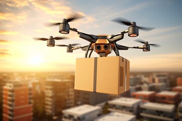 Drone logistics, air transport package parcel delivery. Drone gimbals precise handling. International shipping urban air mobility. Logistic software apps Airspace integration fulfillment efficiency