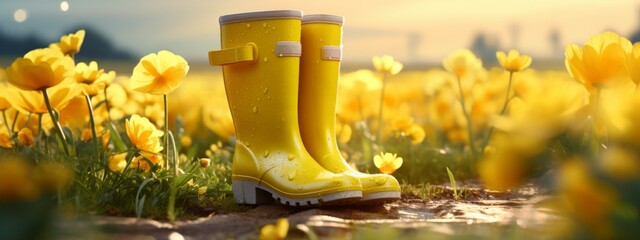 Fototapeta premium yellow rain boots in the field, in the style of realistic fantasy artwork