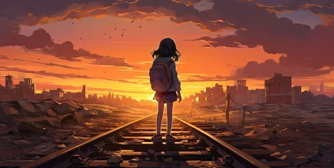 Fototapeten A girl positioned on a railway, symbolizing a poignant or introspective scene. © Murda