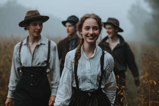 Portrayal of Amish people, traditional lifestyle, close bonds of community, rural simplicity, values of cultural richness, traditions of close-knit family friendly living group. village Country life.