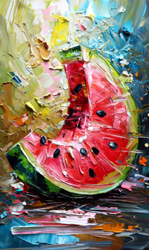 Watermelon with oil paint on canvas. Abstract art background. 
