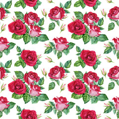 Floral seamless pattern with red Rose blooms, buds and leaves. Botanical watercolor repeat pattern. For wrapping wallpaper fabric textile