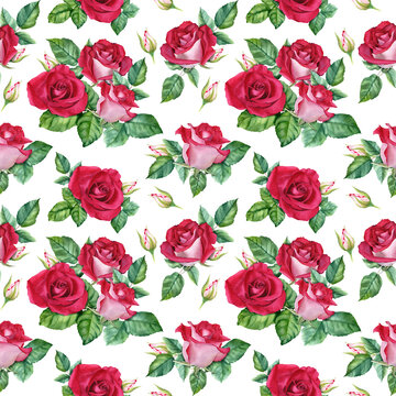 Floral seamless pattern with red Rose blooms, buds and leaves. Botanical watercolor repeat pattern. For wrapping wallpaper fabric textile