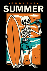 Skull with surf and summer theme