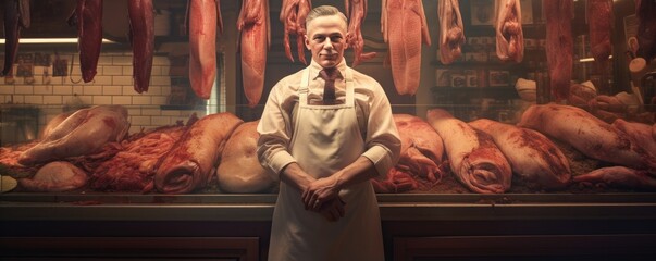 Butcher in a butchers outfit stands in front of the shop. Generative ai