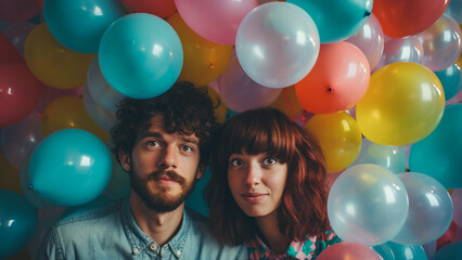 Fototapeta na wymiar couple with colorful balloons