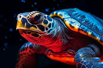 Vibrant glowing turtle shines in the dark, a captivating display of radiant colors against a black backdrop.
