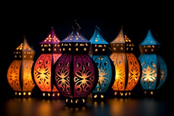 Glowing paper lanterns illuminate the night in a burst of vibrant colors against a dark backdrop.