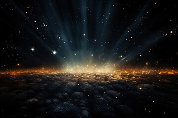 Abstract dark background with sparkles on the sand and golden bokeh in the rays of cold light. Generated by artificial intelligence - obrazy, fototapety, plakaty