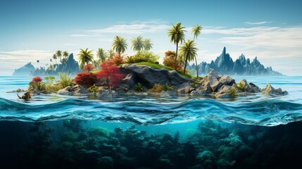 Tropical Island And Coral Reef - Split View With Waterline. Beautiful underwater view of lone small island above and below the water surface in turquoise waters of tropical ocean.  - obrazy, fototapety, plakaty