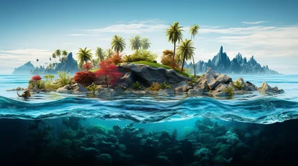 Foto op Canvas Tropical Island And Coral Reef - Split View With Waterline. Beautiful underwater view of lone small island above and below the water surface in turquoise waters of tropical ocean.  © haizah
