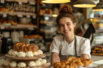 Beautiful young female pastry shop owner in apron smiling and looking at camera