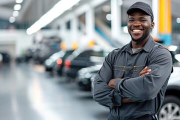 cheerful african american auto mechanic standing with crossed arms
