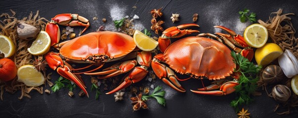 Cooked crabs with spices and herbs on slate table.  Sea food. Generative ai. - obrazy, fototapety, plakaty