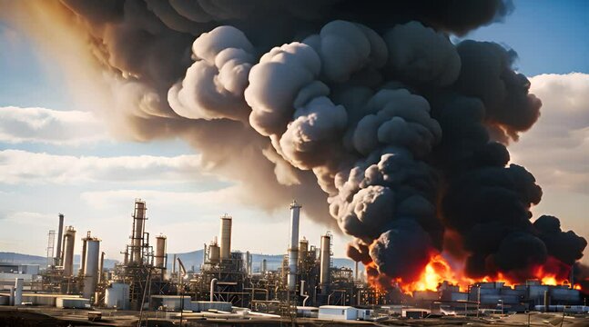 The oil refinery caught fire with a lot of flames and smoke